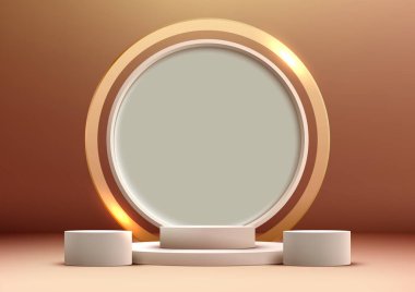 Kahverengi arka planda altın çemberli, boş beyaz podyumdan oluşan 3 boyutlu gerçekçi bir grup modern lüks tarzda. Ürün sunumu, güzellik kozmetik, vitrin, vs. için kullanabilirsiniz. Vektör illüstrasyonu