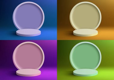 3D gerçekçi ürünler seti boş podyum sehpası gösteriyor. Arka planda çember, arka planda çok az duvar manzarası var. Ürün sunumu, kozmetik ekran modeli, vitrin, medya afişi vs. için kullanabilirsiniz. Vektör illüstrasyonu