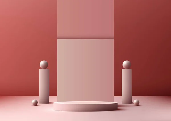 3Dリアルな空のピンクの表彰台は 幾何学的な背景と球のボールの要素とピンクの背景装飾に立つ プレゼンテーション 化粧品製品表示美容モックアップ ショーケースなどに使用できます ベクターイラスト — ストックベクタ