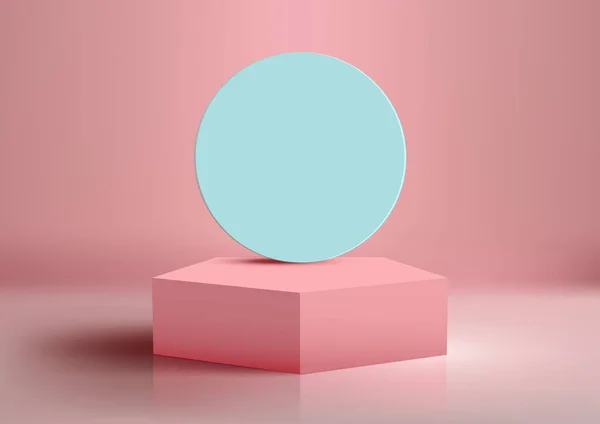 3D逼真的空粉色讲台平台 蓝色圆形背景 粉色背景 现代风格 您可以使用产品展示 化妆品展示模型 媒体横幅等 矢量说明 — 图库矢量图片