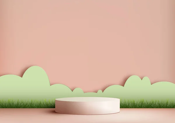 緑の茂みと草の背景を持つ3D現実的な空のピンクの表彰台スタンド 製品プレゼンテーション 美容スパ化粧品ディスプレイモックアップ ショーケースなどのための最小限のシーン ベクターイラスト — ストックベクタ