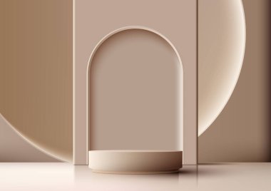 3D gerçekçi, boş bej podyum. Kapısı yuvarlak ve kahverengi arka planı daire şeklinde. Ürün sunumu, güzellik kozmetik, vitrin, vs. için kullanabilirsiniz. Vektör illüstrasyonu