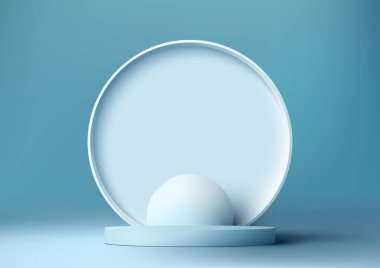 3D gerçekçi, boş mavi podyum standı beyaz daire arka planı, mavi arka planda en az duvar sahnesi. Ürün görüntüleme sunumu, kozmetik ekran modeli, vitrin, medya afişi vs. için kullanın. Vektör illüstrasyonu
