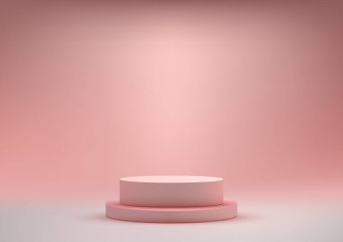 Pembe arka planda 3D gerçekçi, boş, pembe podyum kaidesi. Ürün gösterim sunumu, kozmetik model, vitrin vs. için kullan. Vektör illüstrasyonu