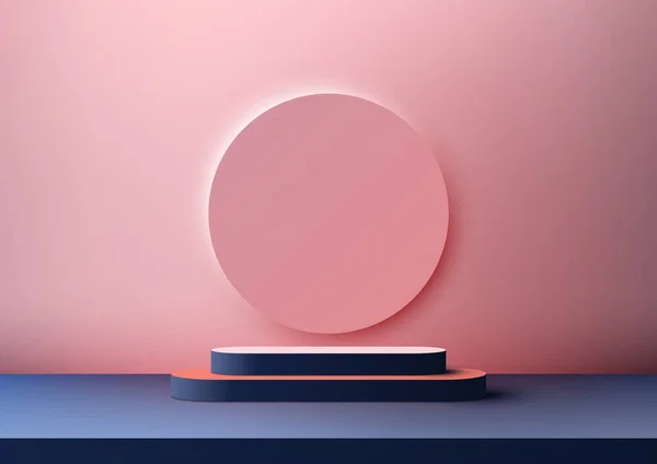 3D逼真的蓝色讲台台阶与圆形背景最小的墙壁场景粉红色背景 用于产品展示 化妆品展示 媒体横幅等 矢量说明 — 图库矢量图片