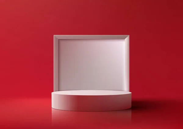 Realistiskt Tomt Vitt Podium Piedestalställ Med Fyrkantig Låda Bakgrund Röd — Stock vektor