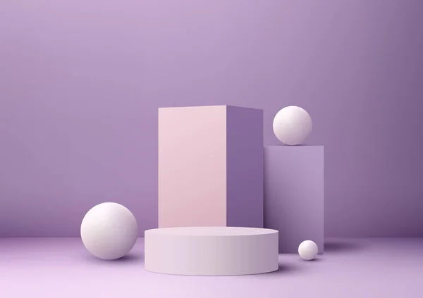 3D逼真的一组空紫色讲台 带有几何图形 紫色背景上的白色圆圈元素 用于产品展示 化妆品展示模型 媒体横幅等 矢量说明 — 图库矢量图片