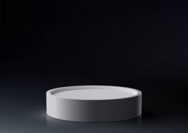 Pürüzsüz, siyah arka planda modern tarzda beyaz bir podyum sunan tutkulu ve gerçekçi bir illüstrasyon. Ürünlerinizi zarafet ve yaratıcılıkla gösterin