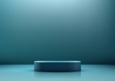 Lüks, minimal bir zeminde, şık bir arka planda aydınlatılmış mavi bir podyum objesi. Reklamlar ve markalar için gerçekçi ürün gösterisi. Fikirlerini bu şık modelle göster..
