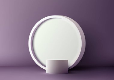 Tasarımlarınızı bu minimalist üç boyutlu modelle yükseltin. Modern beyaz podyumda canlı mor bir zeminde sergilenen ürünler. Yüksek kalite ve moda, reklam ve markalaşma için mükemmel.