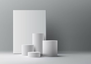 Beyaz silindir podyum üzerinde bu temiz ve minimalist tasarımı olan ürün sergisi. 3 boyutlu gerçekçi vektör illüstrasyonu ürünlerinizi zarifçe gösteriyor. Vektör illüstrasyonu