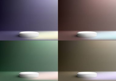 3D gerçekçi boş beyaz podyum stüdyo odasını arka planda ışıklandırmalı renklere ayarla. Ürün sunumu, güzellik kozmetik, vitrin, vs. için kullanabilirsiniz. Vektör illüstrasyonu