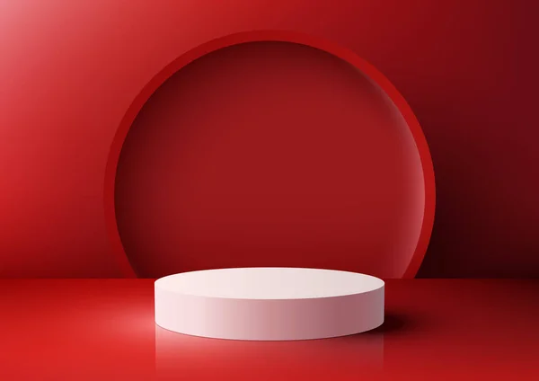 赤の背景 サークルの背景に白い表彰台で 現代的なイラストの現実的で活気のある世界を体験してください ウェブデザイン ブランディングなどに最適な情熱的なアートワーク ロイヤリティフリーのストックイラスト