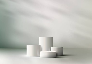 Modern 3D beyaz kürsü. Minimalist tasarım, doğal ışıklandırma ve vektör illüstrasyonuyla, bu model ürününüzü çağdaş bir ortamda sergilemek için mükemmeldir. Vektör illüstrasyonu