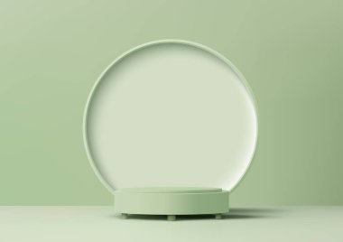 Üç boyutlu yumuşak yeşil podyumumuzun modern iç konsepti çok az gösterişli bir stile sahiptir. Yeşil bir çemberin arka planı sanatsal bir yetenek katıyor. Model sergi salonunda ürünleri sergilemek ya da göz alıcı gösteriler yaratmak için mükemmel..