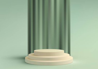 3 boyutlu bej renkli podyum adımlarının büyüleyici yeşil perde arkasında zarif bir şekilde durduğu modern bir iç mekan ürünü sergisi keşfedin. Minimalist biçim ve vektör illüstratörü