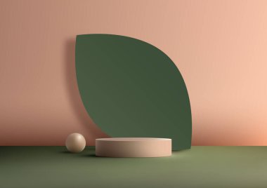 Bu büyüleyici ürün gösterisiyle modern bir iç mekan kavramı keşfedin. 3 boyutlu bej renkli bir podyum, canlı yeşil bir yaprak arkaplanı ve doğal bir estetiği olan bu model, son icatlarınızı sergilemek için mükemmel..