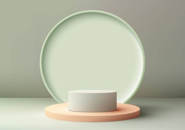 Üç boyutlu beyaz podyum standımızın içinde yumuşak yeşil daire arka planının olduğu modern bir iç mekan kavramı keşfedin. Ürünlerinizi moda olarak gösterin ve bu çarpıcı modelle seyircilerinizi büyüleyin..