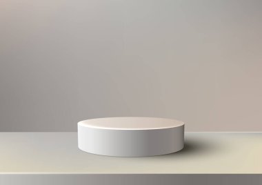 Temiz beyaz arkaplanı olan bir ürün modeli. Bu vektör illüstrasyonunda modern bir 3D podyum standı var. Tasarımlar için mükemmel. Vektör illüstrasyonu