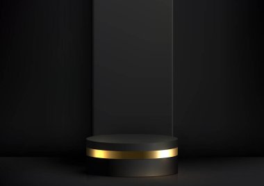 3D gerçekçi siyah ve altın podyum gösterimizle lüks. Bu vektör çizer modeli, ürünlerinizi zarif bir şekilde sunan modern bir iç mekan konseptini hayata geçiriyor. Yaratıcılığınızı gösterin ve benzersiz bir başarı elde edin.