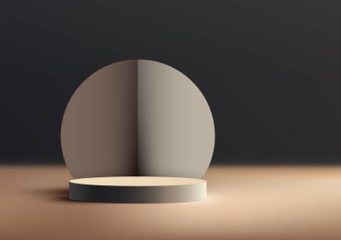 Gerçekçi bir 3 boyutlu bej podyuma adım atın. Bej zemin ve siyah zemin üzerinde daire bir zemin olsun. Bu vektör illüstratörü şık bir sergi salonunda ürün gösterimi için modern bir iç konsept sergiliyor.