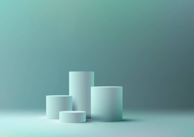 Mavi silindir podyum üzerinde bu temiz ve minimalist tasarımı olan ürün sergisi. 3 boyutlu gerçekçi vektör illüstrasyonu ürünlerinizi zarifçe gösteriyor. Vektör illüstrasyonu