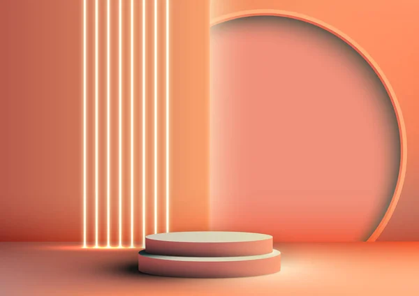 现代室内概念的3D橙色讲台台阶站在柔软的地板上 带有霓虹灯的柔和橙色圆形背景为您的产品展示增添了典雅的色彩 — 图库矢量图片