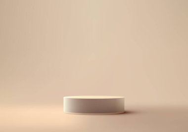 Üç boyutlu gerçekçi bej renkli podyum standı bej renkli bir zemine kurulmuştur. Minimum stil iç mimari modern konsept ürün sergi vitrininde bir vektör illüstrasyonudur. Vektör illüstrasyonu