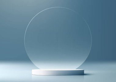 3 boyutlu beyaz podyum, cam daire arka planına sahip, ürün gösterimi, pazarlama veya markalaşma gibi çeşitli amaçlar için kullanılabilen modern ve minimalist bir modeldir. Vektör illüstrasyonu