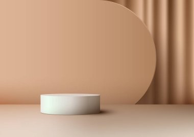 Bej arka planlı 3D gerçekçi beyaz podyum modern tarz bir iç ürün gösterim modelidir. Ürünlerinizi minimalist ve zarif bir şekilde sergilemek için mükemmel. Vektör illüstrasyonu