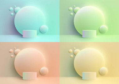Pastel renkler ve modern minimalizm bu üç boyutlu gerçekçi vitrin podyumunda. Çember arkaplan ve gösterişli tasarım ile, bu vektör illüstrasyonu ürünlerinizi sunmak için mükemmel. Vektör illüstrasyonu
