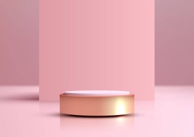 Pembe kare arkaplanlı 3D gerçekçi altın rengi podyum modern lüks ürün gösterim modelidir. Ürünlerinizi şık bir şekilde sergilemek için mükemmel. Vektör illüstrasyonu