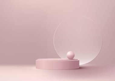 Üzerinde cam top olan 3D gerçekçi pembe podyum ürün gösterimi, markalaşma veya pazarlama amaçlı kullanılabilecek minimalist bir modeldir. Vektör illüstrasyonu