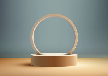 Mavi duvarında daire çerçevesi olan 3D gerçekçi bej podyum ürün sergisi için mükemmel bir minimalist ve modern tasarım. Vektör illüstrasyonu
