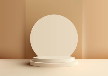 3 boyutlu bej podyum ve bej daire arka planı modern bir iç mekan ürün gösterimi modelidir. Ürünlerinizi profesyonel ve göz alıcı bir şekilde sergilemek için mükemmel. Vektör illüstrasyonu