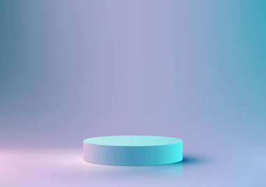 Mavi arkaplandaki 3D gerçekçi boş mavi kürsü ürün görüntüleme, modelleme veya sergi salonu için mükemmeldir. Ürününüzü öne çıkaracak minimalist ve modern bir tasarım. Vektör illüstrasyonu