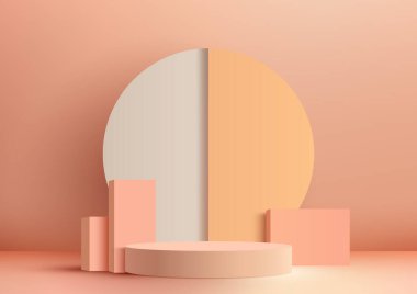 Çember arkaplan ve geometrik elementlere sahip 3 boyutlu pembe podyum ürün gösterimi için mükemmel bir modern ve minimalist tasarım. Vektör illüstrasyonu