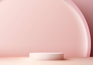 3D pembe podyum modeli yumuşak pembe bir arka plan ve daire şeklinde bir arka plan içerir. Ürünleri modern ve zarif bir şekilde sergilemek için mükemmel. Vektör illüstrasyonu