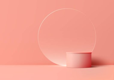 Stüdyo odasının arka planında yuvarlak cam arka planlı gerçekçi 3D pembe silindir kürsü ürün gösterimi için modern ve minimal bir konsept yaratıyor. Bu vektör çizer nesneleri zarafetle gösterir.