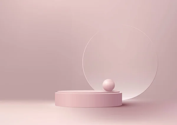 上のガラス球が付いている3D現実的なピンクの表彰台はプロダクト表示 ブランディング またはマーケティングの目的のために使用することができるミニマリストのモックアップです ベクトルイラスト — ストックベクタ