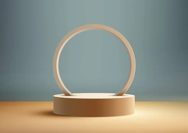 Realistic Beige Podium Circle Frame Blue Wall Minimalist Modern Design — Stock Vector
