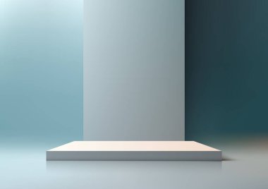 This empty white podium on a blue wall provides a clean and simple backdrop for your photos or videos. Vector illustration clipart