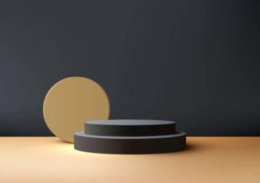 Bej daireli 3D siyah podyum modern bir iç mekan ürün gösterimi modelidir. Ürünlerinizi profesyonel ve göz alıcı bir şekilde sergilemek için mükemmel. Vektör illüstrasyonu