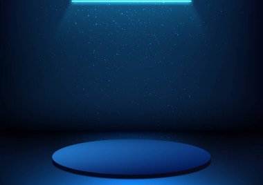 3D mavi podyum floresan aydınlatma ve parçacıklarla süslenerek fütüristik ve modern bir etki yaratıyor. Vektör illüstrasyonu