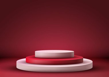 3D gerçekçi, kırmızı ve beyaz podyum basamakları kırmızı arkaplanda asgari duvar sahnesi duruyor. Ürün görüntüleme sunumu, kozmetik ekran modeli, vitrin, medya afişi vs. için kullanın. Vektör illüstrasyonu