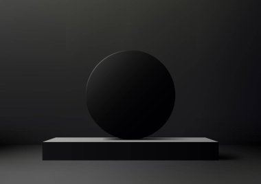Tepesinde küre olan siyah bir podyumun 3 boyutlu görüntüsü ürün gösterimi için mükemmeldir. Minimalist tasarım ve koyu arkaplan onu çok yönlü ve çeşitli ürünler için uygun hale getirir. Vektör illüstrasyonu