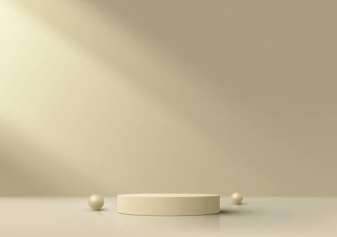 Bej renkli arka plan dekorasyonunda küreli boş bej kürenin olduğu 3D gerçekçi podyum. Vektör illüstrasyonu