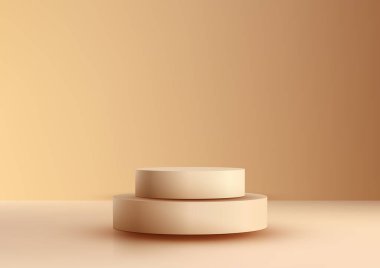 3 boyutlu gerçekçi boş bej renkli podyum modeli ürünlerinizi modern ve minimalist bir şekilde sergilemek için mükemmeldir. Vektör illüstrasyonu