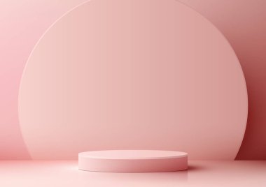 3D pembe podyum modeli yumuşak pembe bir arka plan ve daire şeklinde bir arka plan içerir. Ürünleri modern ve zarif bir şekilde sergilemek için mükemmel. Vektör illüstrasyonu