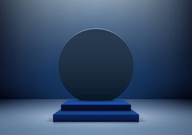 3D gerçekçi mavi podyum basamakları daire arkaplanlı dekorasyonu sergilerde ve vitrinlerde ürün sergilenmesi için mükemmeldir. Vektör illüstrasyonu